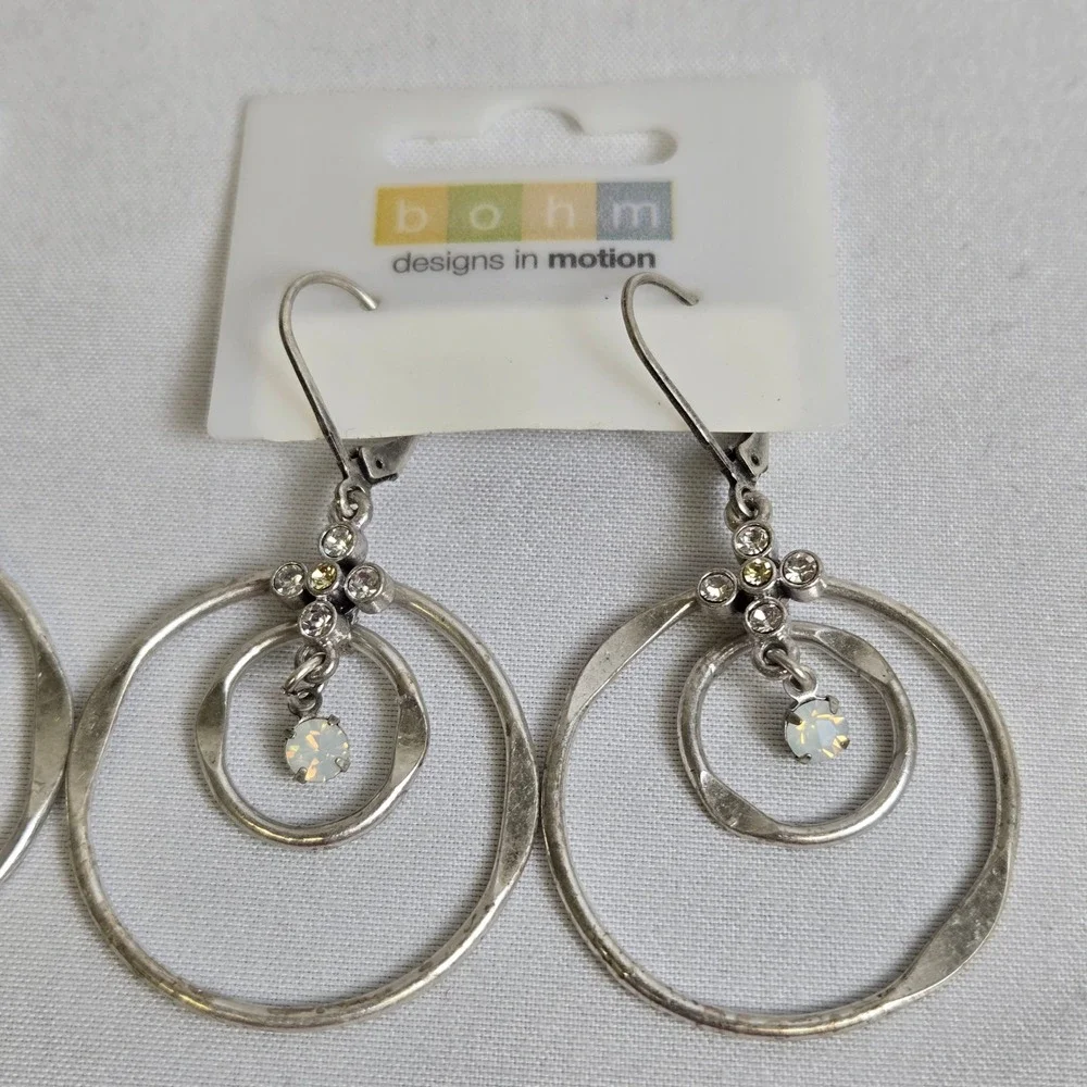 2 Pair Bohm Dangle/Drop Hoop Earrings, Silver‎ Tone, New